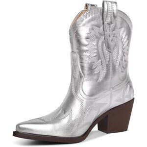 Women Metallic Embroidered Pointed Toe Cowgirl Boots Chunky Heel Pull-On Silver